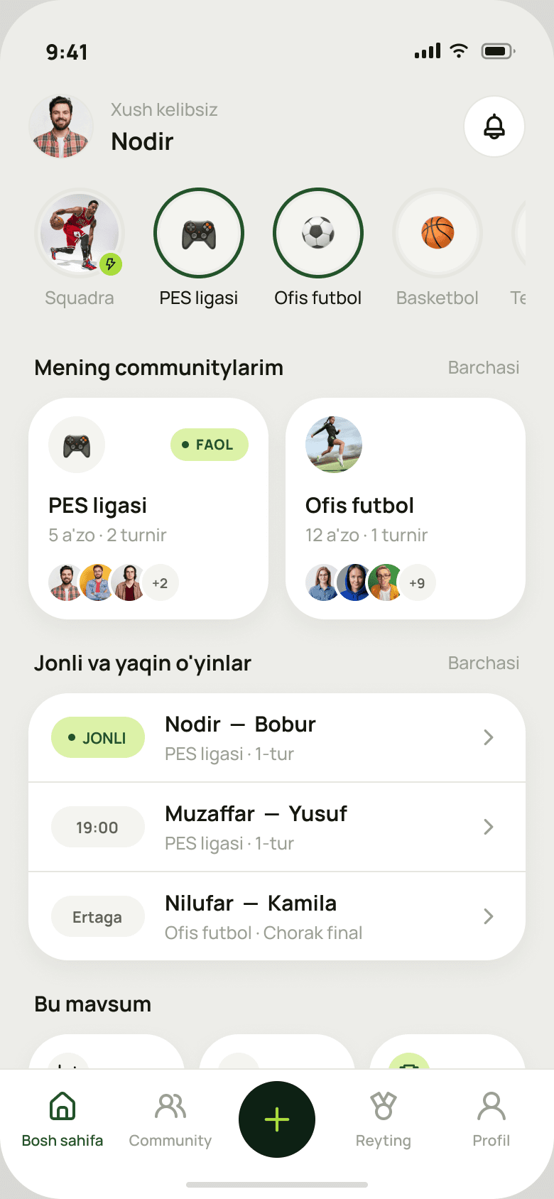 Leagon home screen with your communities and live matches