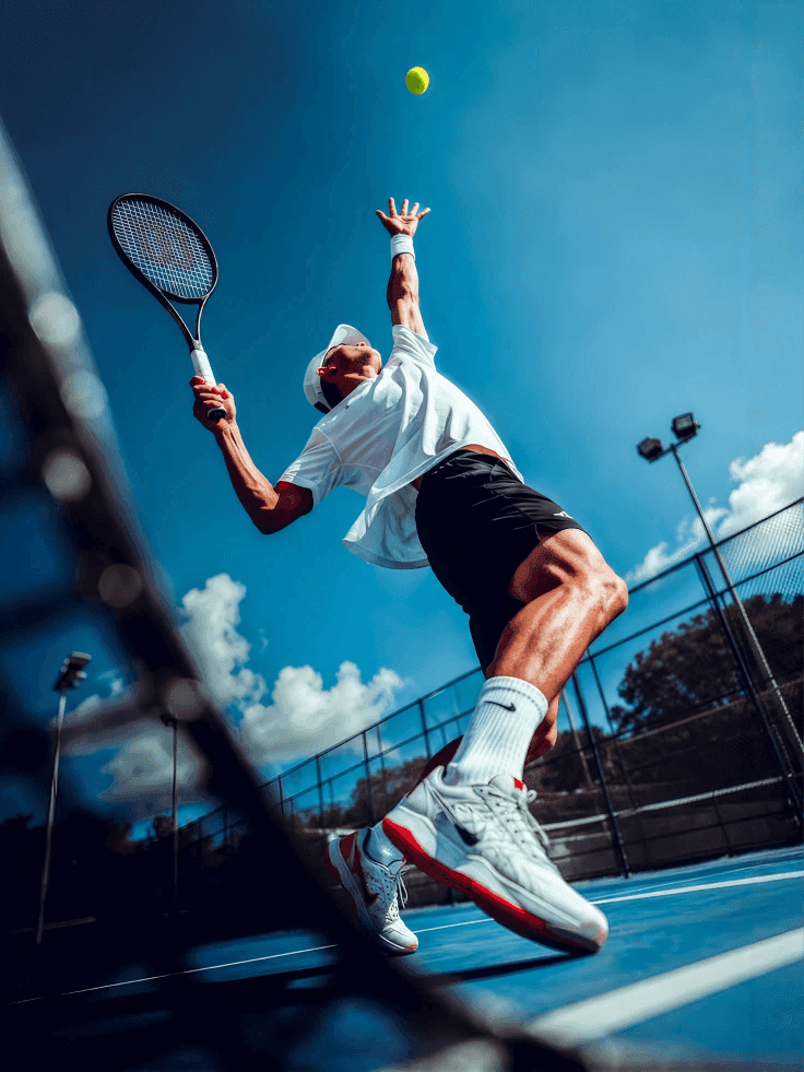 Tennis player serving on an outdoor court